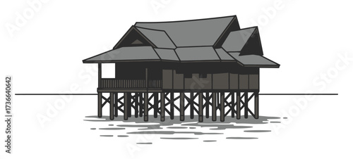 Minimalist Southeast Asian Stilt House Vector Art - Clean Line Architecture