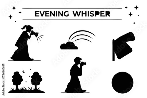 Six minimalist evening whisper icons in black yellow cyan magenta
