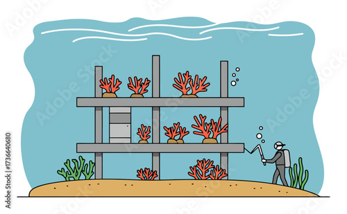 Underwater Coral Nursery Restoration - Minimalist Vector