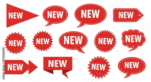 Collection of Red New Product Announcement Badges and Labels in Various Shapes for Promotions and Marketing Campaigns