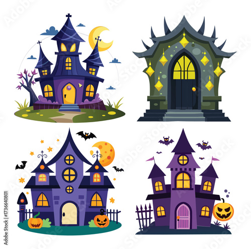 Dark Halloween night with a spooky haunted house or castle silhouette, bats, moon, and tree vector illustration on a white backround 