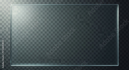 A Realistic Transparent Glass Panel Displaying Subtle Light Reflections Against a Dark Textured Background with a Grid Pattern