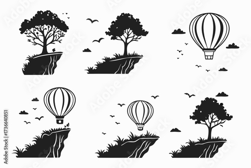 Minimalist floating islands sky icons set
