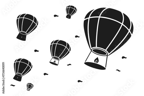 Minimalist icon set of floating lanterns in a night sky