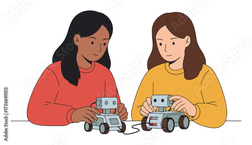Young Girls Programming Robots in STEM Workshop - Minimalist Vector Design