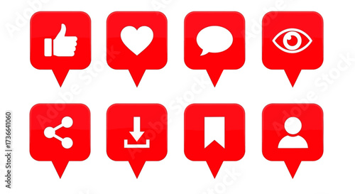 Social Media Interaction Icons Illustrating Engagement and User Actions Like Sharing and Following For Online Platforms