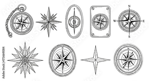 Collection of Antique Compass Rose Designs and Nautical Navigation Instruments for Exploration and Adventure