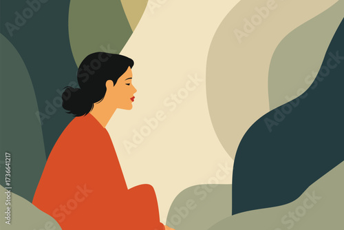 Minimalist illustration of woman in red sitting calmly in abstract green nature background