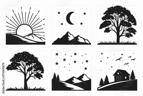 Minimalist horizon twilight icon set with abstract elements