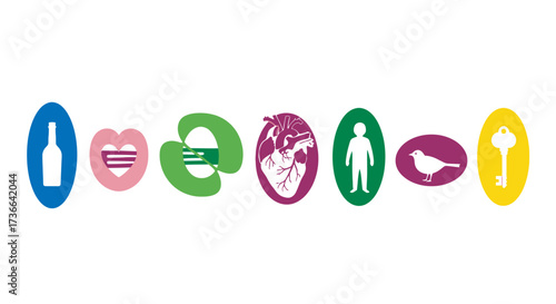 Collection of Oval Icons Representing Different Concepts and Objects Including a Bottle Heart Recycling Symbol Heart Human Figure Bird and Key