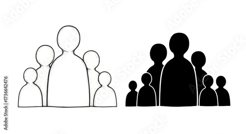 A Visual Representation of a Group of People in Both Line Drawing and Silhouette Form Showing Diversity in Size and Scale