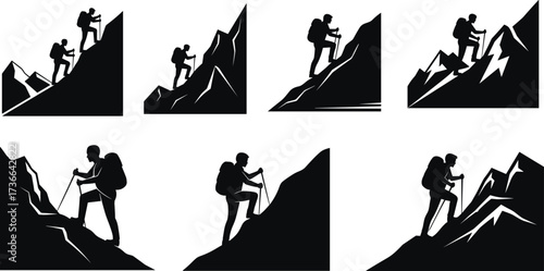 Mountain hiking silhouette, adventure trekking, outdoor climbing, backpack journey, rugged terrain, mountaineer ascent, wilderness exploration, black and white vector, extreme sports illustration
