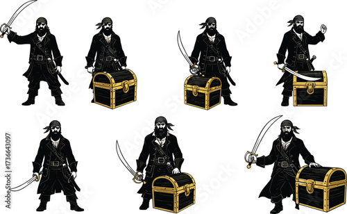 Pirate character illustration, sword poses, treasure chest design, black coat costume, bandana and eye patch, stylized sketch for adventure, game, storytelling use