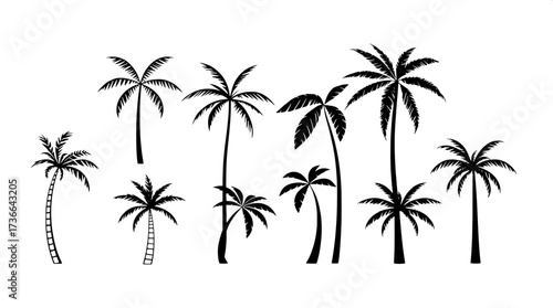 Modern minimalist poster with eight palm tree line drawings in horizontal layout. Black outlines, some solid fills, neutral cream background, clean flat design emphasizing geometry and simplicity.”