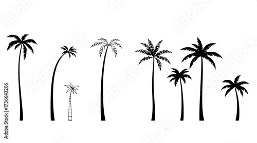 Modern minimalist poster with eight palm tree line drawings in horizontal layout. Black outlines, some solid fills, neutral cream background, clean flat design emphasizing geometry and simplicity.”
