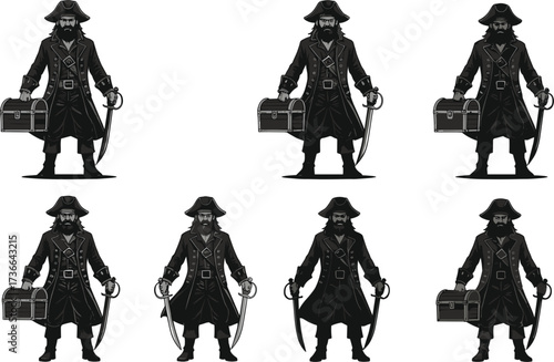 Vintage pirate character illustration, sword and treasure chest, black and white sketch, detailed costume design, historical adventure theme, hand-drawn ink artwork
