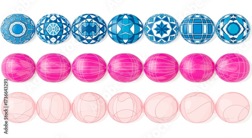 A Collection of Geometric Spheres in Blue Pink and Light Pink Hues Displaying Intricate Patterns and Textures