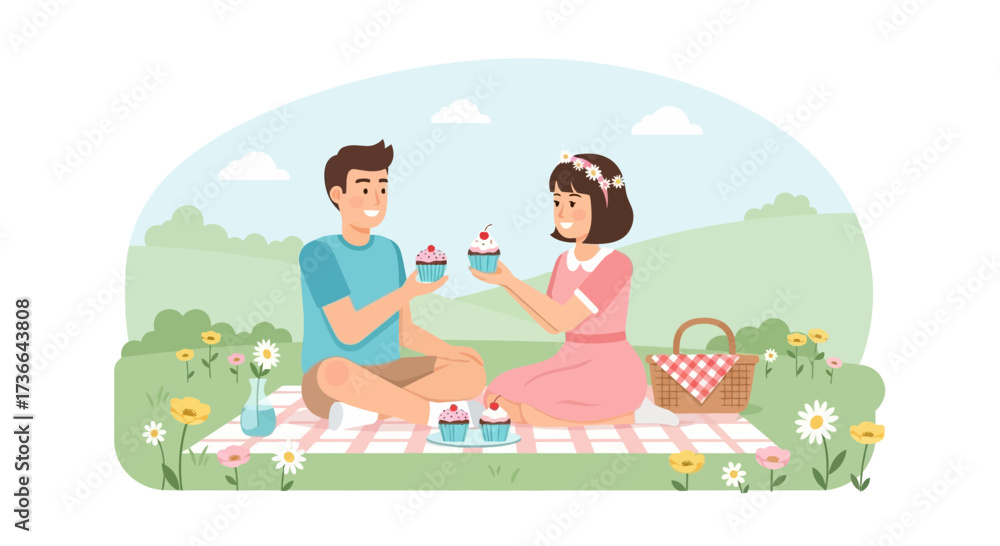 Fototapeta premium Couple Enjoying a Delightful Picnic in the Springtime, Sharing Cupcakes Outdoors
