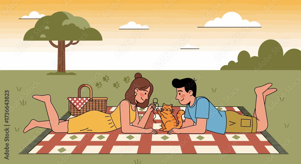 Fototapeta premium Couple Enjoying A Park Outing With Their Cat And Picnic Basket For A Fun Relaxed Day