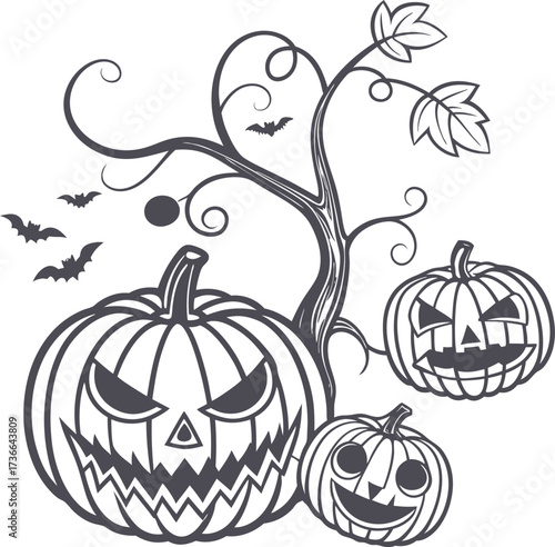 Six black silhouette carved halloween pumpkins jack o lantern spooky