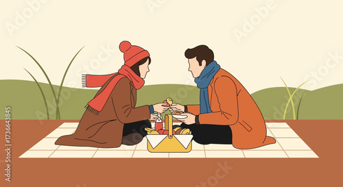 Couple enjoying a picnic in the park during autumn, romantic illustration
