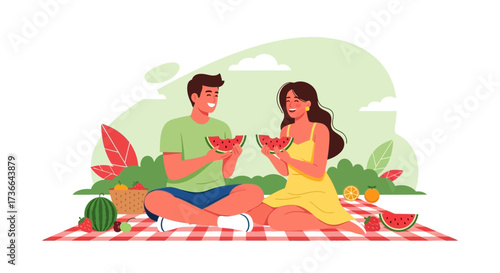 Couple enjoying a picnic in the park, eating watermelon, happy and romantic moment