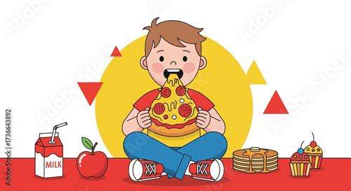 Child Joyfully Devouring Pizza, Surrounded By Tasty Culinary Elements