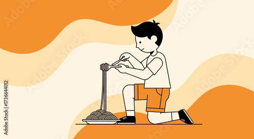 Child Preparing Spaghetti Dinner With A Fork, Cartoon Illustration On An Orange Background