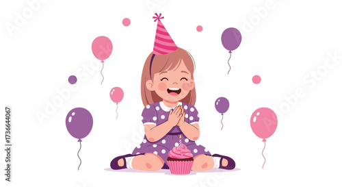 Child Smiling Happily Before Birthday Cupcake and Balloons Celebrates Happiness