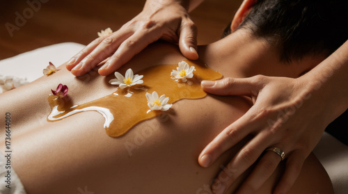 Relaxing spa treatment featuring honey and flowers on a person's back at a wellness center