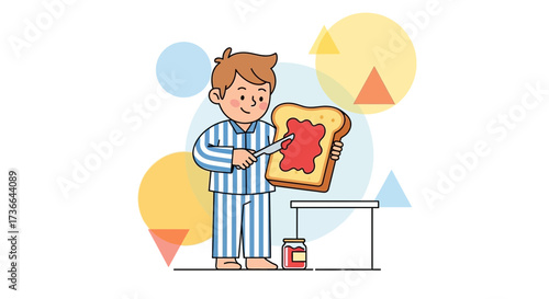 Child Spreading Jelly On Toast, Preparing Breakfast, Colorful Illustration, Fresh Food Concept