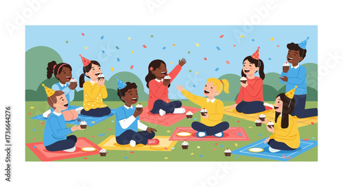 Children Celebrating Outdoors With Cupcakes Balloons And Confetti Cartoon Illustration