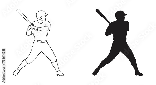 Baseball players in action a line drawing and a silhouette view