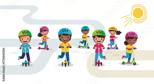 Children enjoy riding scooters, fun outdoor activities with helmets for safety