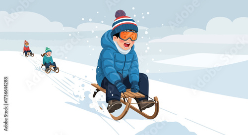 Children enjoy winter sledding fun in the snow covered landscape with joy and excitement