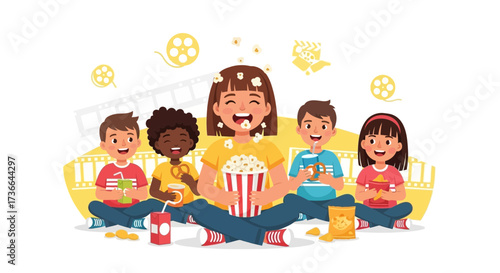 Children Enjoying A Cozy Movie Night Together With Popcorn And Refreshments