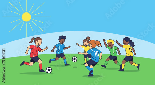 Children playing soccer on a sunny day in colorful cute illustration