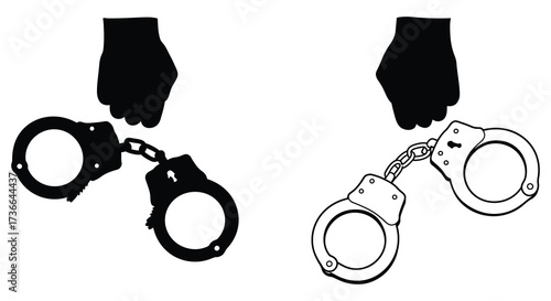 Black and white illustration depicting a pair of handcuffs and hands