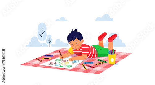 Child's Artistic Expression On Picnic, Drawing, Colorful Circles, Creative Endeavor