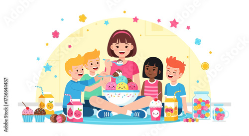 Children Sharing Ice Cream Together, Enjoying a Delightful Dessert Party Illustration