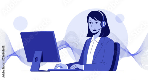 Customer service representative working on computer and headset supporting clients in office