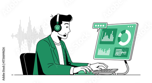 Customer Support Representative Working on Data Analysis and Computer System