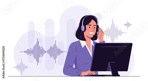 Customer support representative with a headset and computer provides technical support
