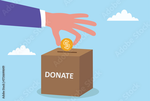 Vector illustration of a hand putting a coin into a donation box, symbolizing charity, kindness, generosity, social responsibility, and helping those in need
