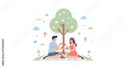 Couple enjoying a picnic outdoors, under a tree, sharing food, having a good time