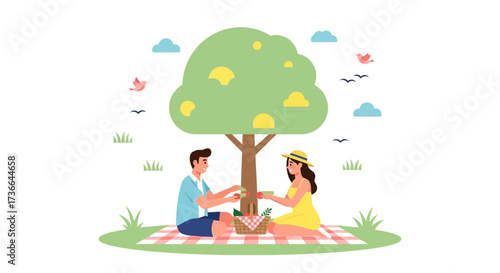 Couple enjoying a picnic under a tree, simple illustration of a romantic date