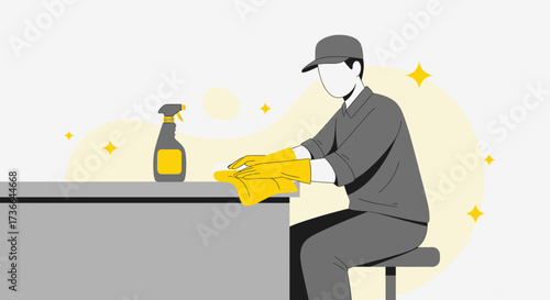 Cleaning Technician Using Gloves with Cleaning Equipment on The Kitchen Countertop