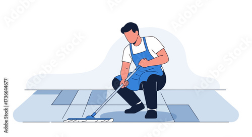 Cleaning Professional Mopping Floor, Depicting Labor and Sanitation, Vector Illustration