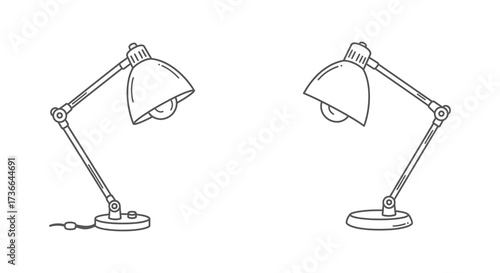 Two classic adjustable desk lamps in a simple black and white sketch