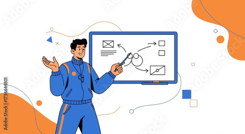Coach Presenting Data Flow Diagram On Whiteboard To Demonstrate Methodology